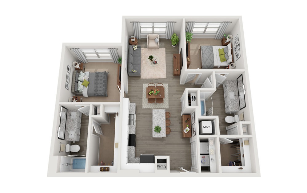 B1 - 2 bedroom floorplan layout with 2 baths and 1108 square feet.