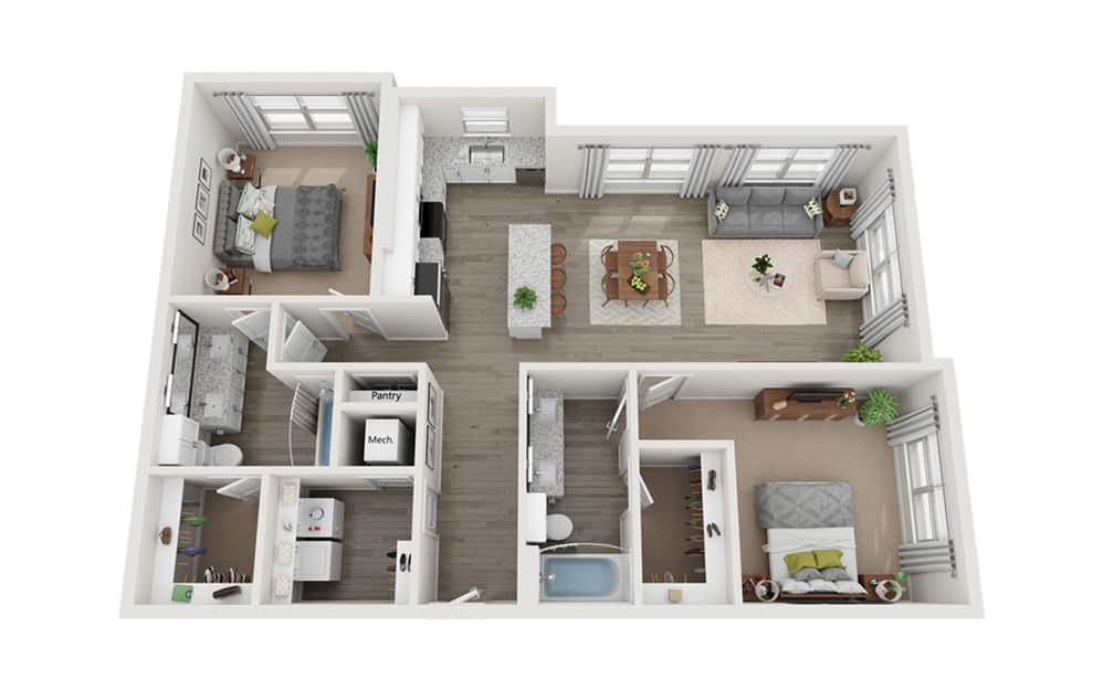 B2 - 2 bedroom floorplan layout with 2 baths and 1250 square feet.
